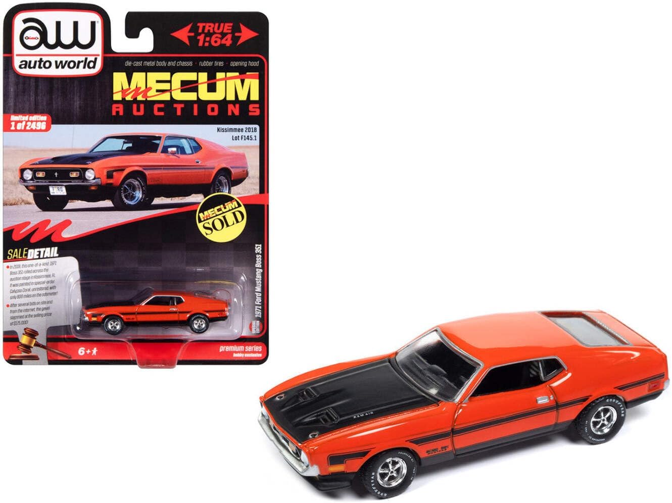 1971 Ford Mustang Boss 351 Calypso Coral Orange with Black Hood and Stripes Mecum Auctions Limited Edition to 2496 Pieces Worldwide Premium Series 1/64 Diecast Model Car by Auto World