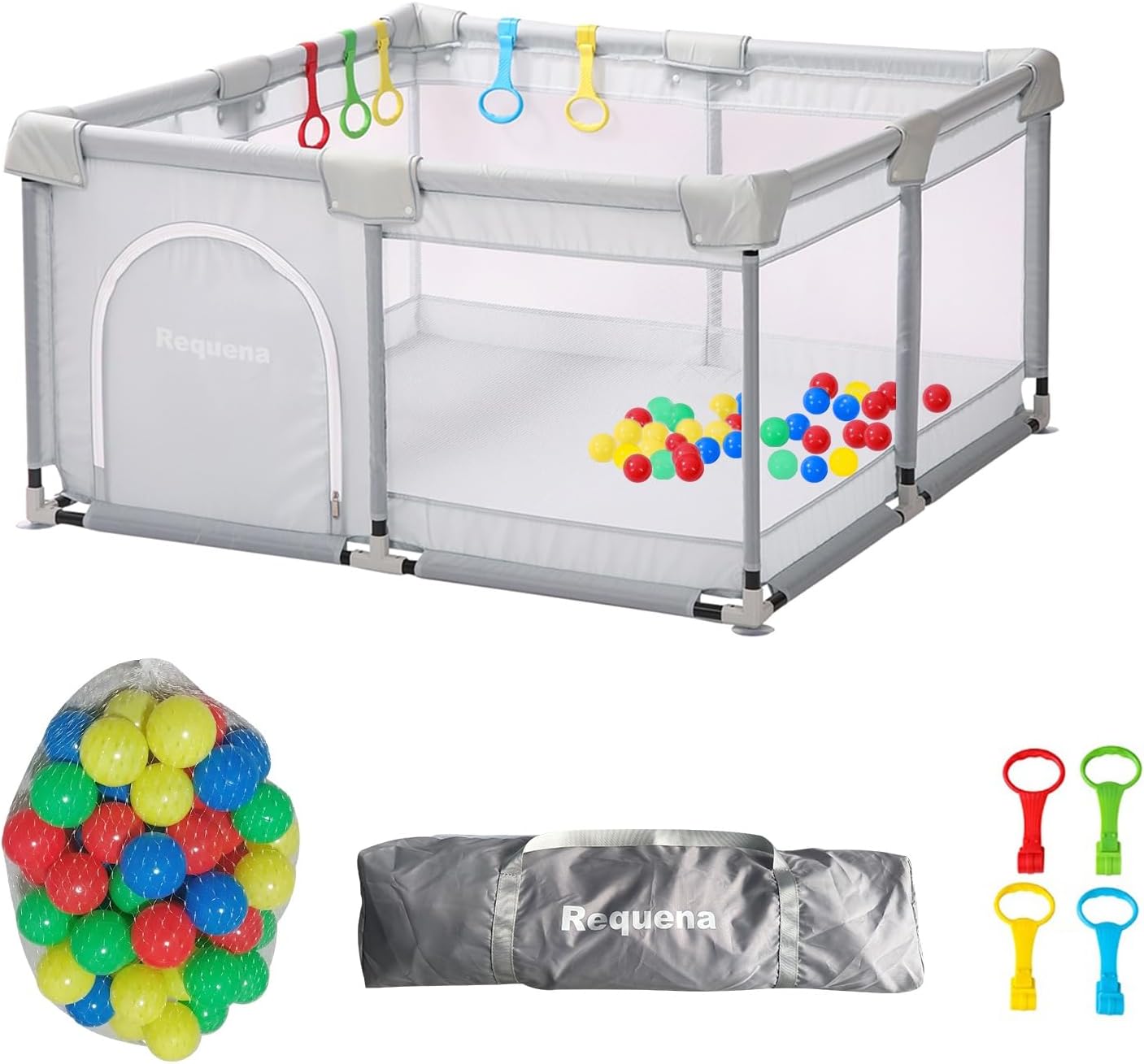 Requena Baby Playpen, Indoor/Outdoor Toddler Fence with Breathable Mesh, Extra Large Play Yard with Balls, Grey