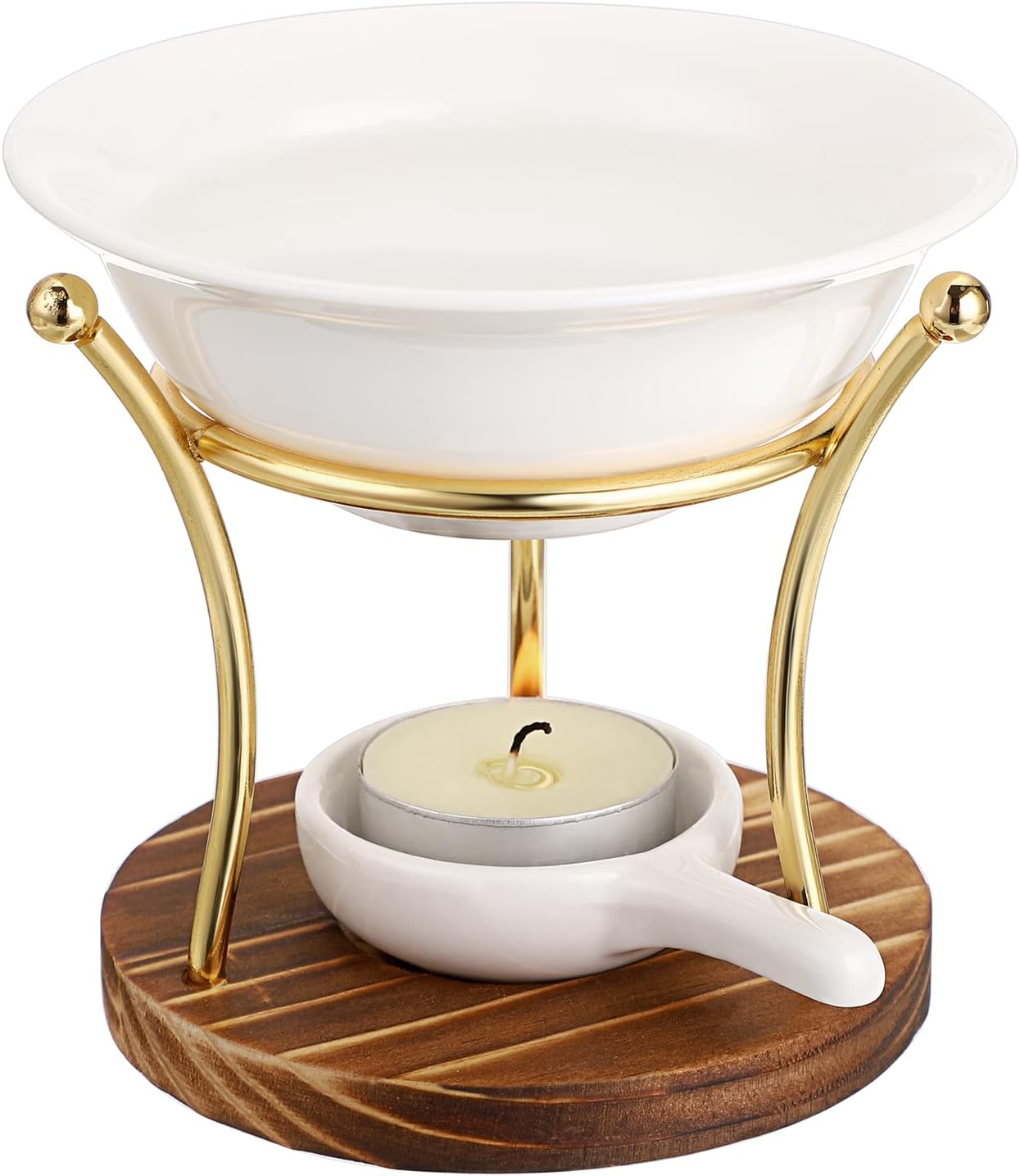 BSTKEY Metal Wooden Wax Melt Burner Essential Oil Burner with Ceramic Bowl, Decorative Aroma Diffuser Wax Burner Tealight Candle Holder Burner