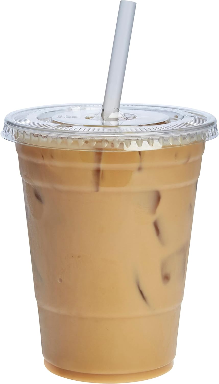 Comfy Package [16 oz. - 100 Count Clear Plastic Cups With Lids, Disposable Coffee Cups with Flat Lids - Ideal for Cold Beverages, Smoothies, and To-Go Drinks