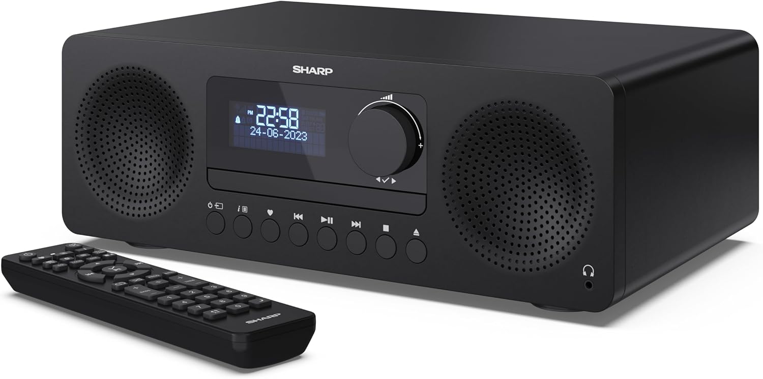 Sharp XL-B720D 60W Bluetooth Hi-Fi Micro System – DAB+ Digital Radio, FM, CD Player, USB, AUX Input – Powerful Stereo Sound, Wooden Speakers – Home Audio System with Remote Control – Black