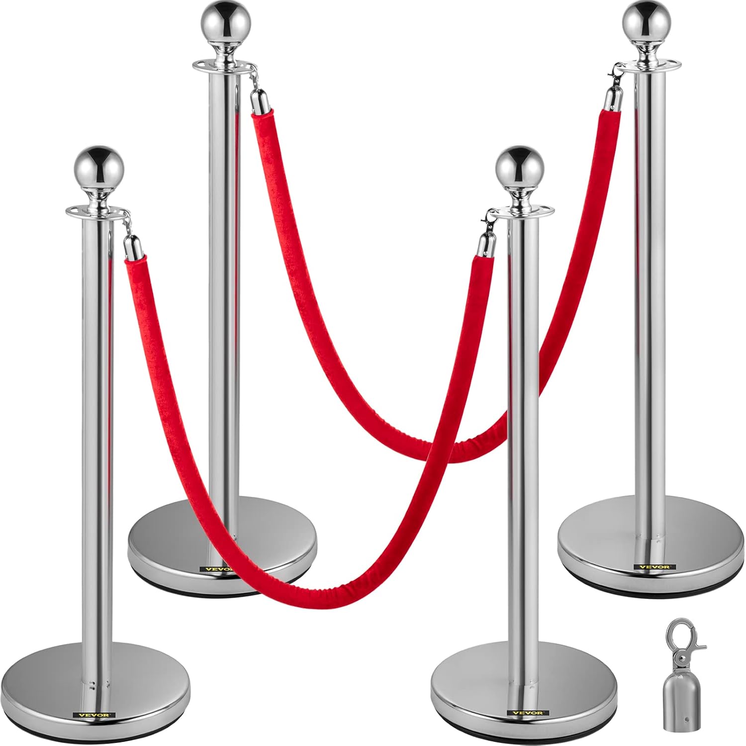 BestEquip 4Pcs Stainless Steel Stanchion Posts Queue Red Velvet Ropes Silver 38In Rope Barriers Queue Line Crowd Control Barriers for Patrty Supplies