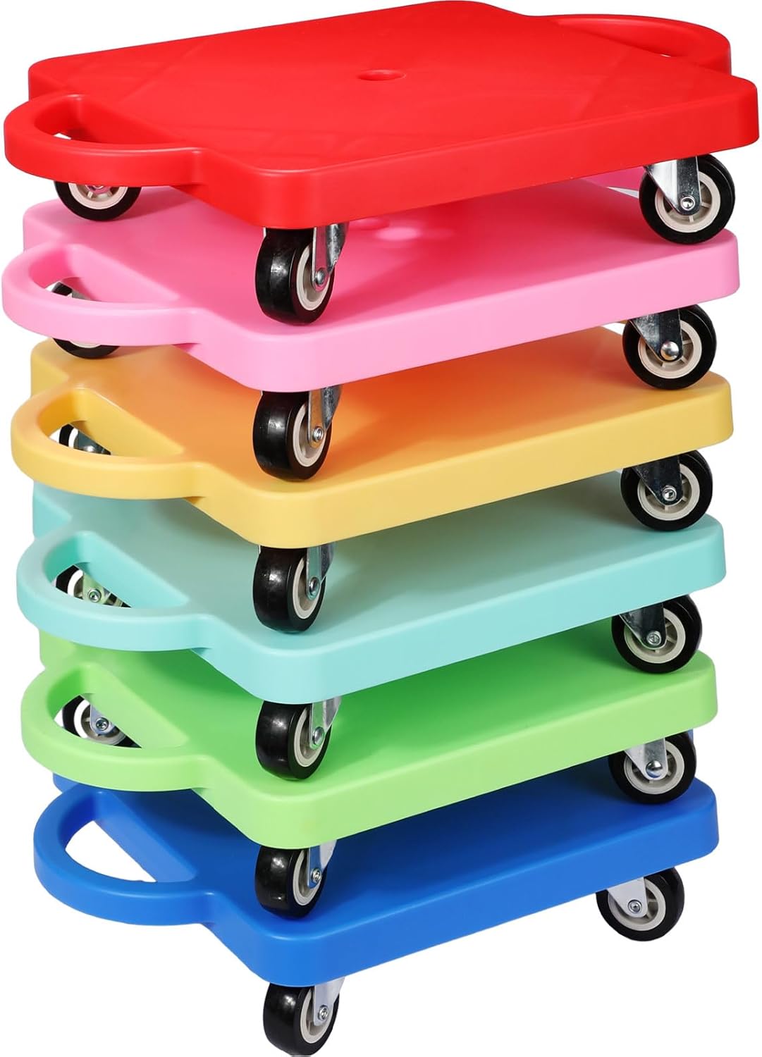 6 Pieces Sports Scooter Board Bulk Sitting Scooter Board with Handles Plastic Casters Sport Flat Scooter for Kids Children Gym Indoor Outdoor Activities Play Equipment