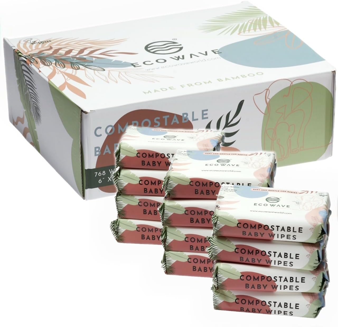 ECO WAVE Baby Wipes, 100% Biodegradable & Compostable Eco-Friendly Bamboo Wipes, Unscented, Hypoallergenic, Vegan, Alcohol-Free, Suitable For Sensitive Skin, 768 Wipes