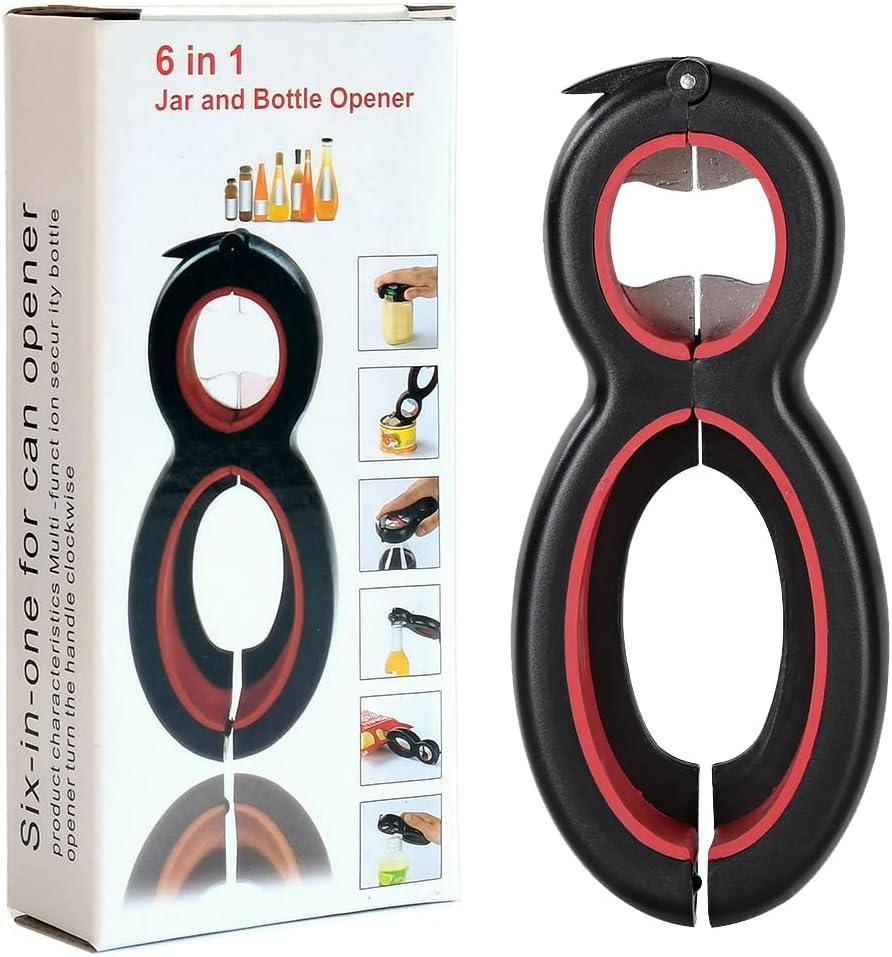 Otstar 6 in 1 Multi Opener, All in One Bottle Opener, Can, Soda, and Jar Openers, Twist Off Lid – Open Sesame Can Opener for Seniors and Arthritic Hands (Black and Red)
