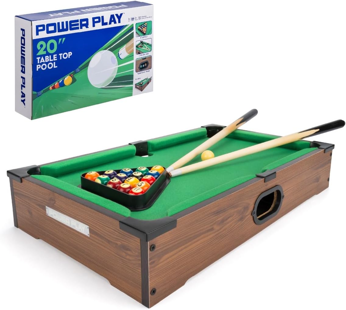 Power Play Pool Table Game, Portable Wooden Classic Games Table, Indoor Outdoor Game for Kids and Adults, Brown 20inch