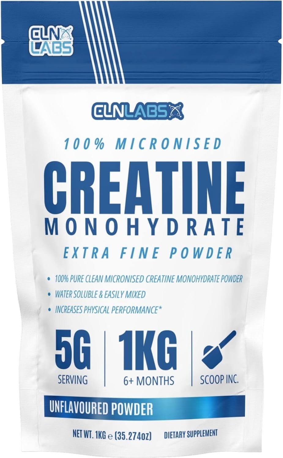 Creatine Monohydrate Powder - 1kg | 200 Mesh Fine Grade Powder, Pure & Mixes Easily | Includes Scoop | Unflavoured | Made in The UK by CLN Labs