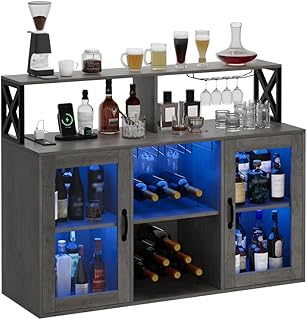 Wine Cabinet with Storage, Bar Cabinet with Power Outlets, Liquor Bar Cabinet with Led Lights and Glass Holder Retro Gray