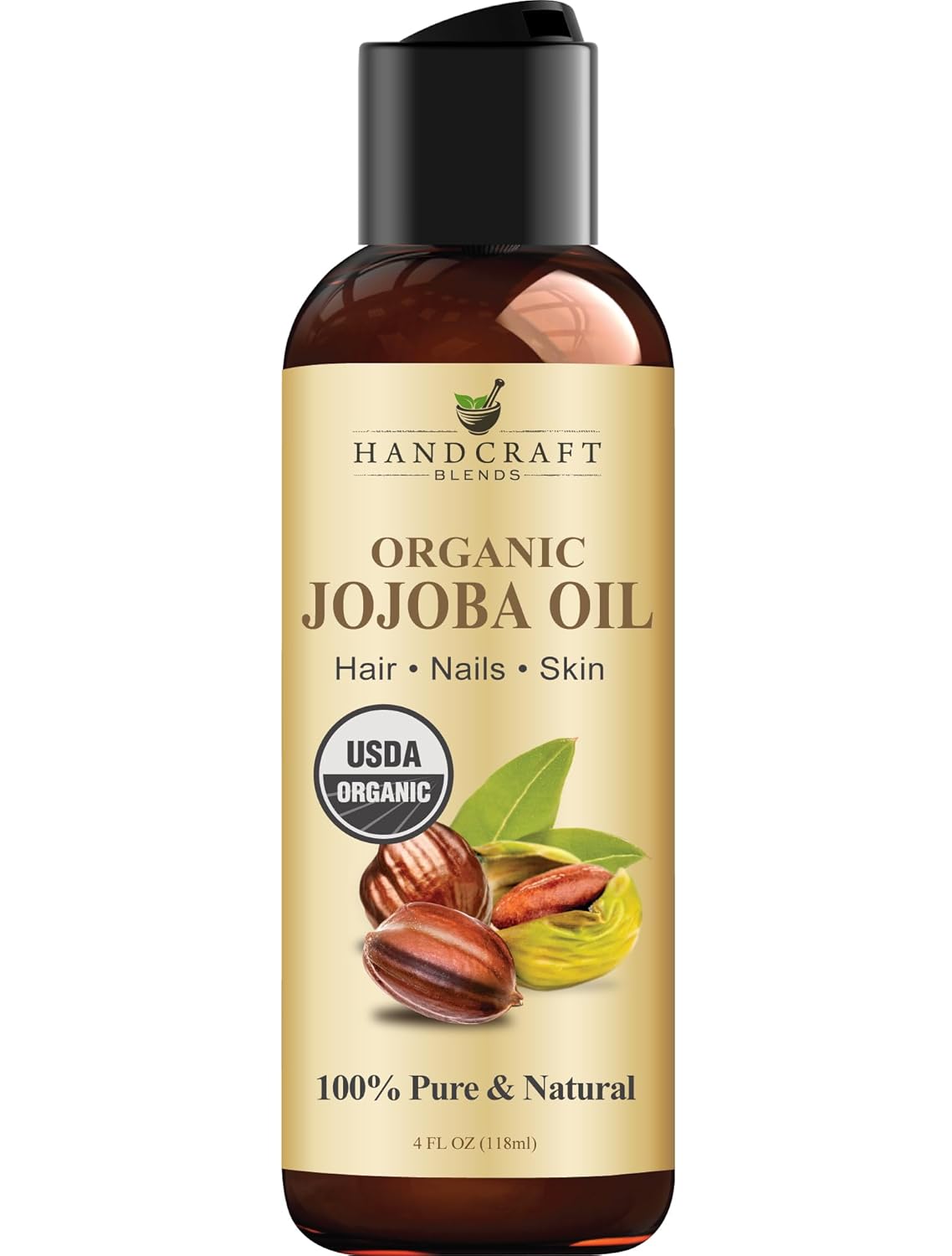 Handcraft Blends USDA Organic Jojoba Oil - Cold-Pressed 4 Fl Oz - 100% Pure and Natural - Premium Grade Carrier Oil for Skin and Hair - Hair and Body - Massage - Hexane-Free