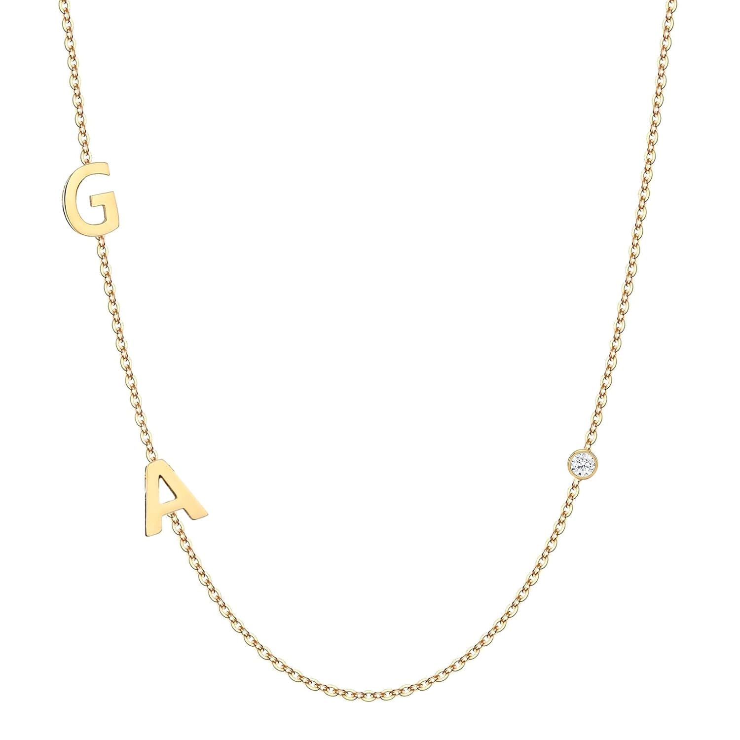 14k Sideways Initial Gold Necklace w Solitaire Diamond, Custom Multiple Letter Necklace, Personalized Solid Gold Initial Diamond Letter Necklace, Personalize Birthstone Bridesmaid Gift.