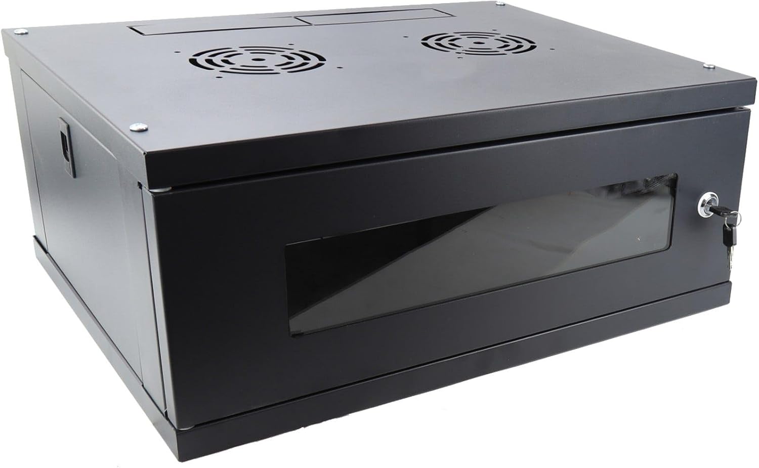 kenable 4U Wall Mounted 19 Inch Rack Data Cabinet Flat Pack Lockable Glass Door Black 450mm Deep 550x450x230mm