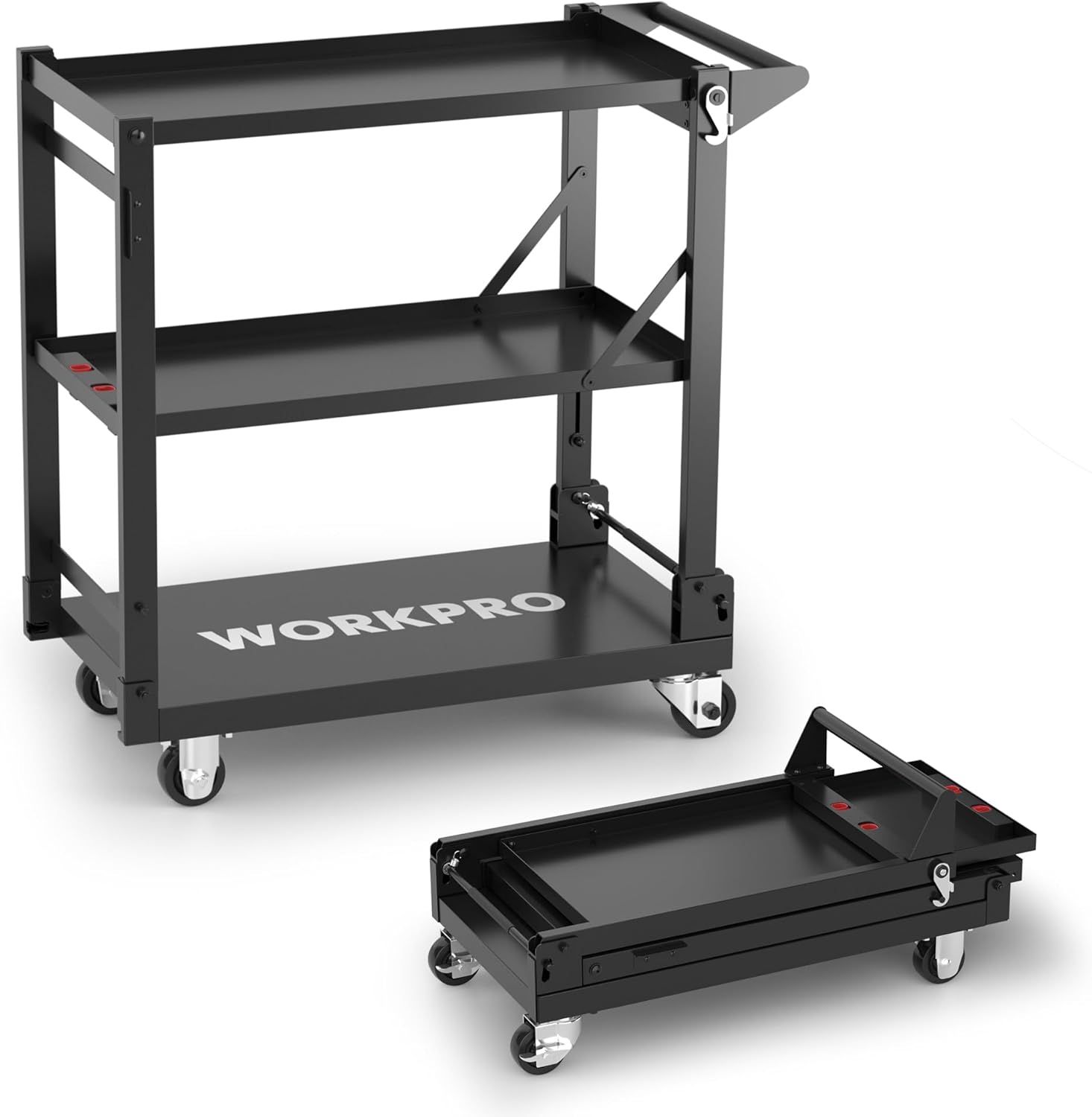 WORKPRO Utility Service Cart, 3-in-1 Folding Rolling Utility Cart with Wheels, Heavy-Duty Multi-Purpose Storage Shelves for Kitchen, Hotel, Workshop, Art Studio, and Gallery