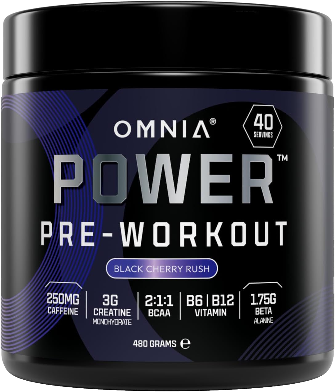 OMNIA Power Pre Workout Powder - Energy Drink with Creatine Monohydrate, Beta Alanine, Caffeine and Citrulline, Physical Performance for Gym or Sports, 40 Servings - Black Cherry Rush