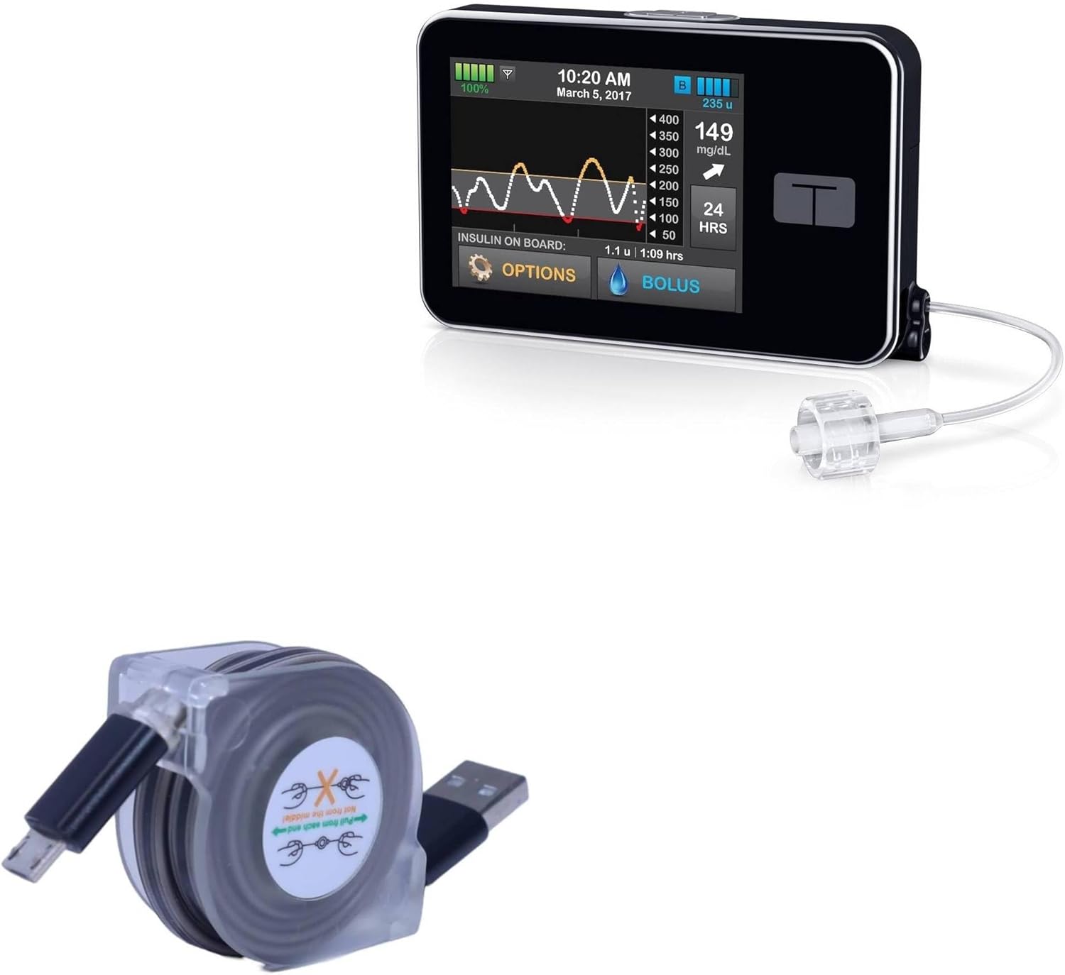 BoxWave Cable Compatible with Tandem t:Slim X2 Insulin Pump - miniSync, Retractable, Portable Sync Cable