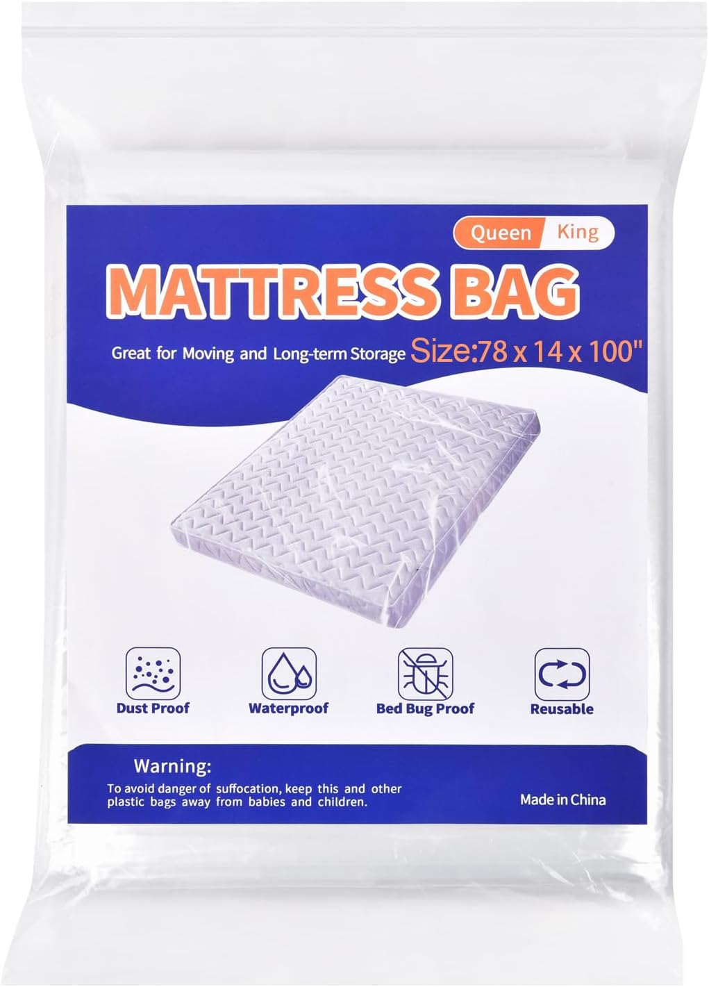 Mattress Bag for Moving Storage - Plastic Mattress Protector Cover, Queen and King Size (1Pack, Queen/King)