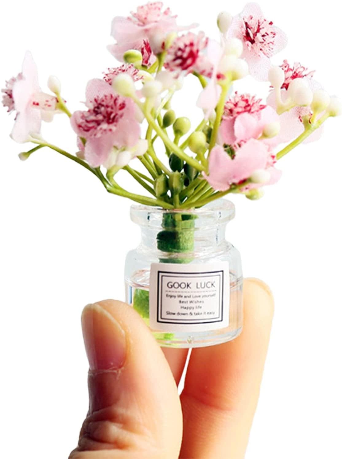Miniature Flower in Vase Dollhouse Mini Jasmine Flowers Handmade Easily Matched Dollhouse Flower Vase Set Model Decor for 1:6 or1:8 Scale Micro Landscape Dollhouse Accessories (Pink)