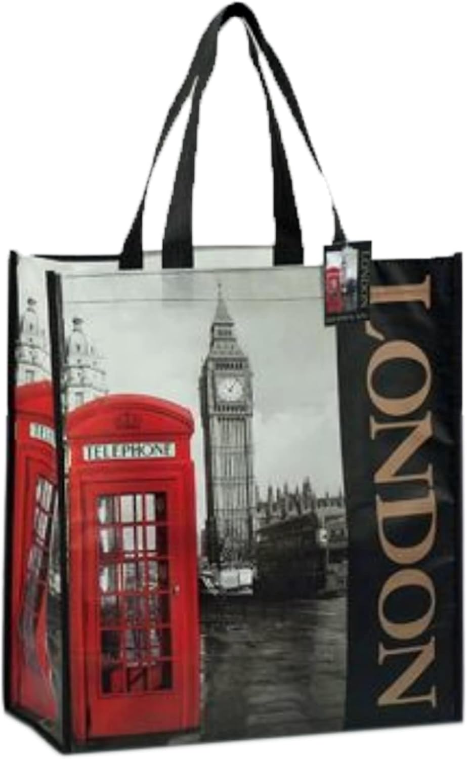 London souvenir Big Ben and telephone box shopping bag black and white and red phone