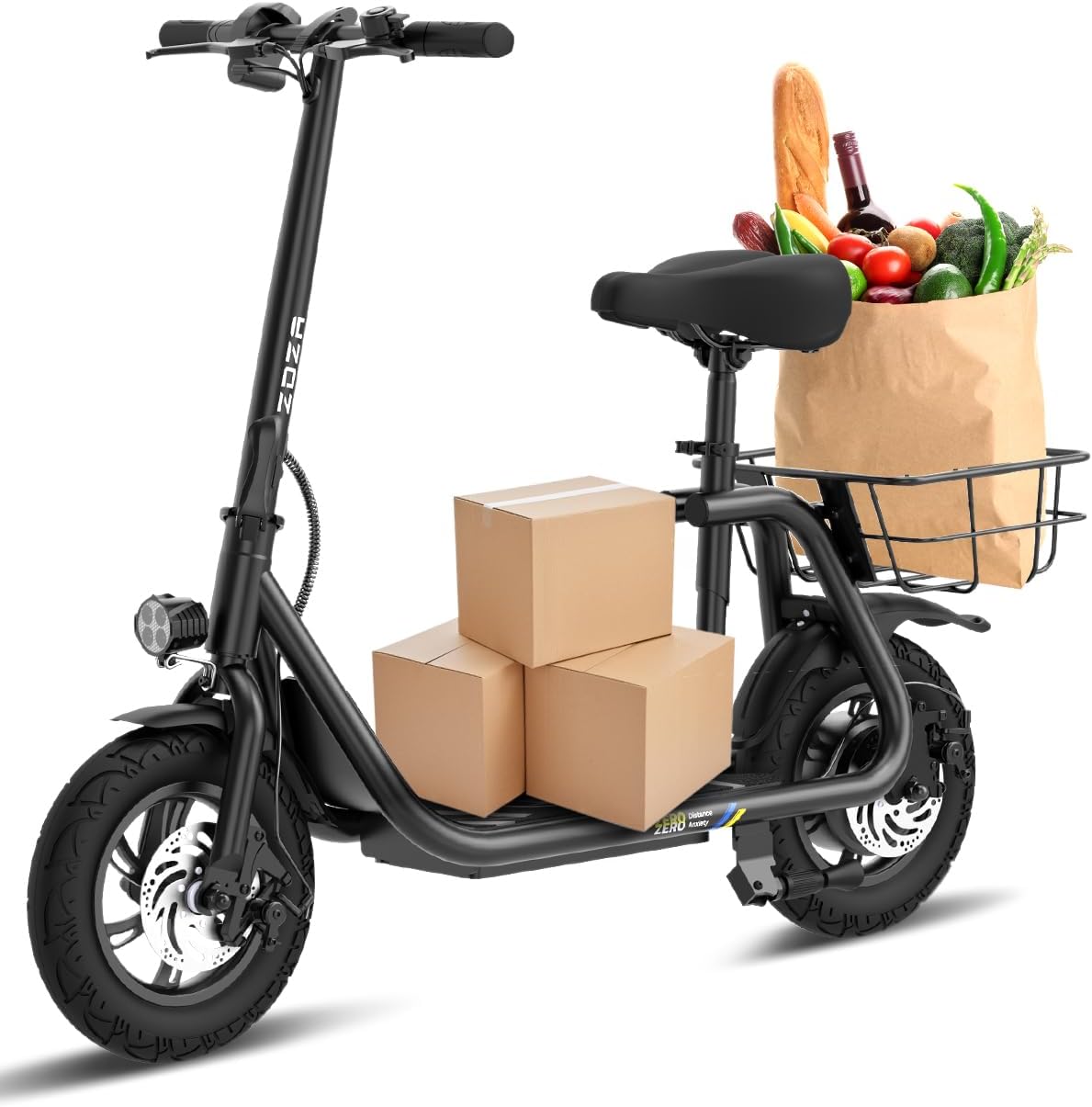 Electric Scooter with Seat ZD06, 800W Peak Motor, 20 Mile Range & 15.5 Mph, Key Start, Foldable E-Scooter with Carry Basket for Pets & Cargo, Electrically-Powered Motor Scooters