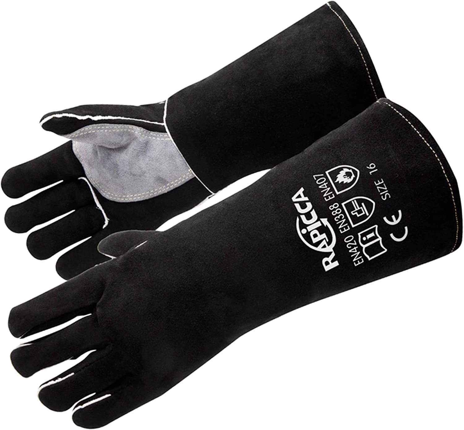 RAPICCA Welding Gloves Fire Heat Resistant: Black 14IN - Fireproof Leather For Stick Mig Flux-Core Welder Forge Blacksmith Fireplace Wood Stove Fire Pit Furnace Handling Dry ice - One Size 662℉