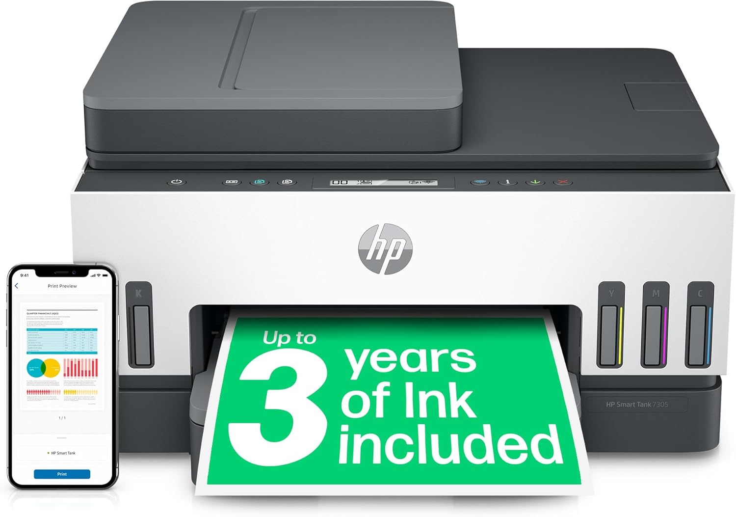 HP Smart Tank 7305 All in One Printer | Perfect for Home | Colour | Wireless | Print, Scan, Copy | Includes up to 3 Years of Ink | Refillable | Document Feeder | 2-Sided Printing | Easy Setup