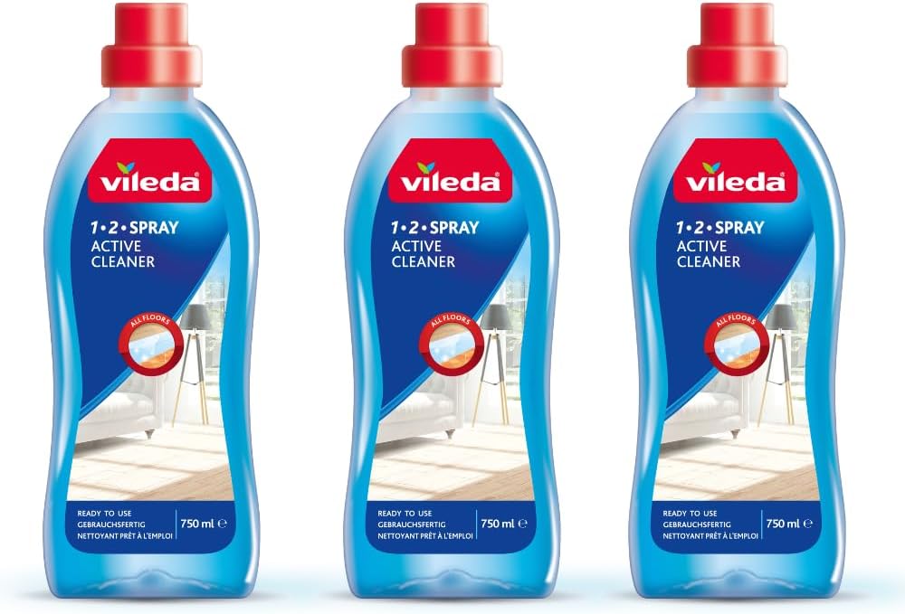 Vileda 1-2 Spray Active Cleaner, Diluted Cleaning Liquid for 1-2 Spray Mop, Pack of 3 750ml, Streak Free Cleaning Solution for Floors, Fresh Scent