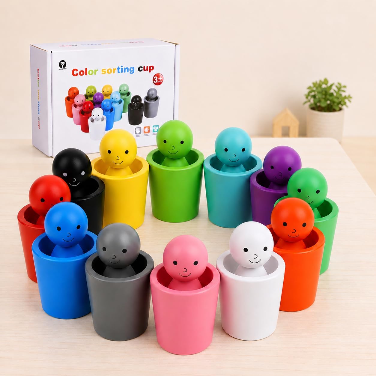 Wooden Montessori Toys for Toddlers, Color Sorting Cups & Peg Dolls