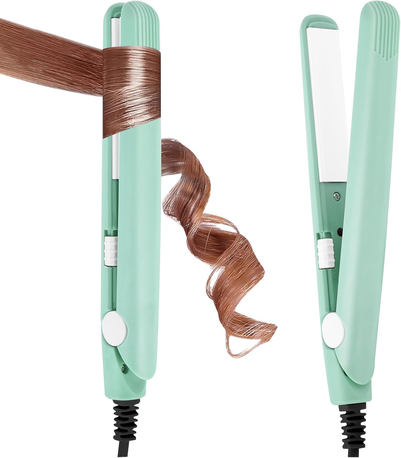 LOPHE Mini Ceramic Plate Hair Straightener, 10s Fast Heating Flat Irons Curling Iron Hair Portable Travel Curling Wand Upgraded Dual-use Hair Curler for Short and All-Hair Types (Green)