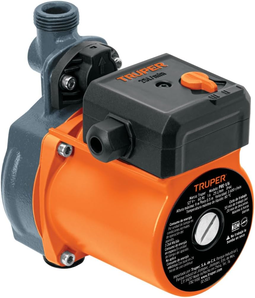 Truper 1/6 HP Pressurizing Pump, Black, Industrial, Plastic, 25 L/min Flow, 9m Max Height