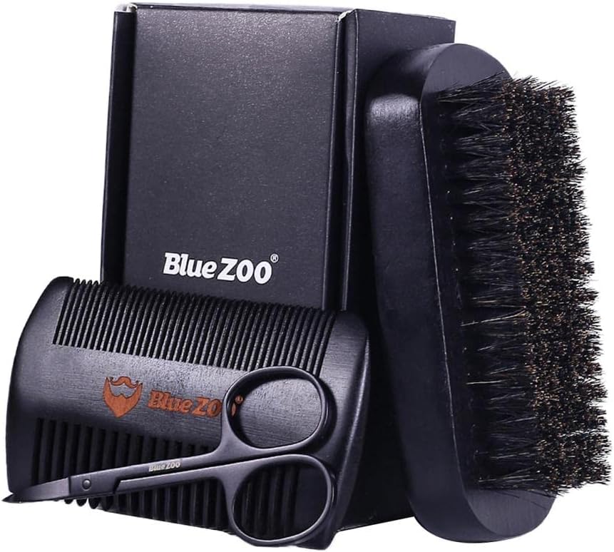 Men Beard Care Grooming Kit Mustache Balm Brush Comb Scissor Gift Set Black