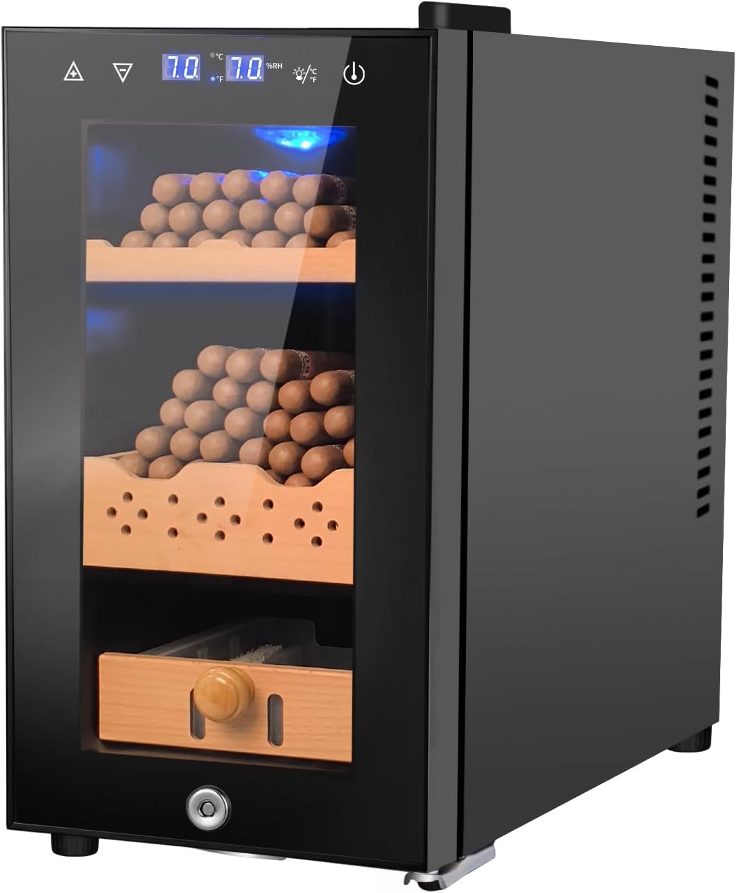Electric Humidor, 25L 150 Counts Large Capacity,Thermostatic Cooling Humidor Cabinet with Spanish Cedar Wood Shelves, Digital LED Screen, Safety Lock, Father's Day Gift for Men