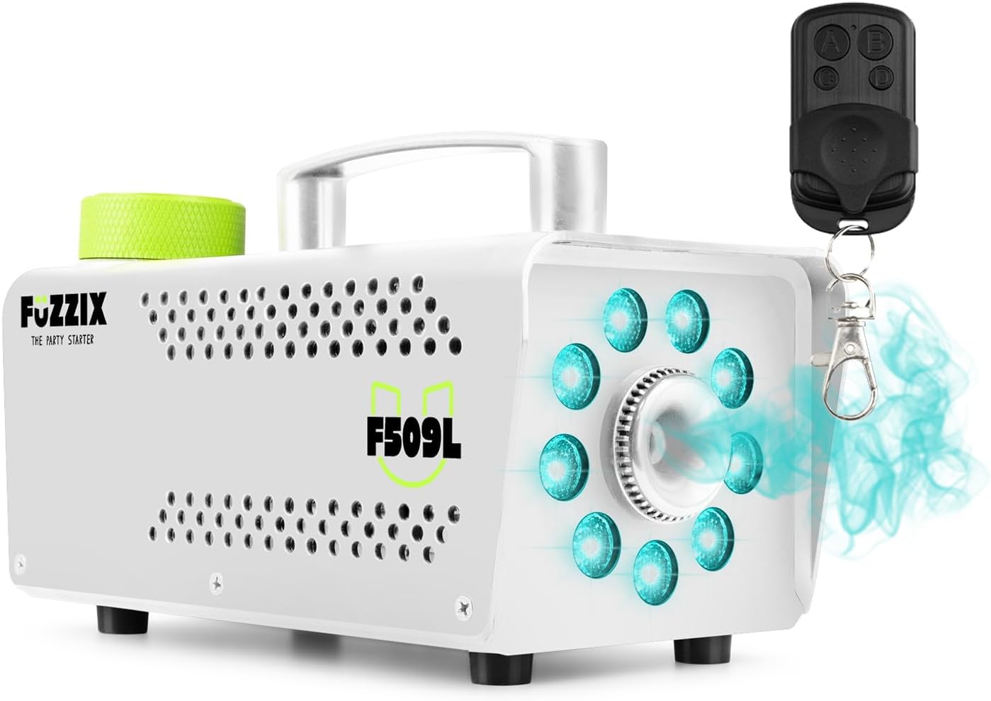Fuzzix F509LW Party Smoke Fog Machine with Built-in Colour LED Lights, Wireless Remote Control – Perfect for Home Parties, Small DJ Gigs, Disco Events & Halloween Effects, 500W, White