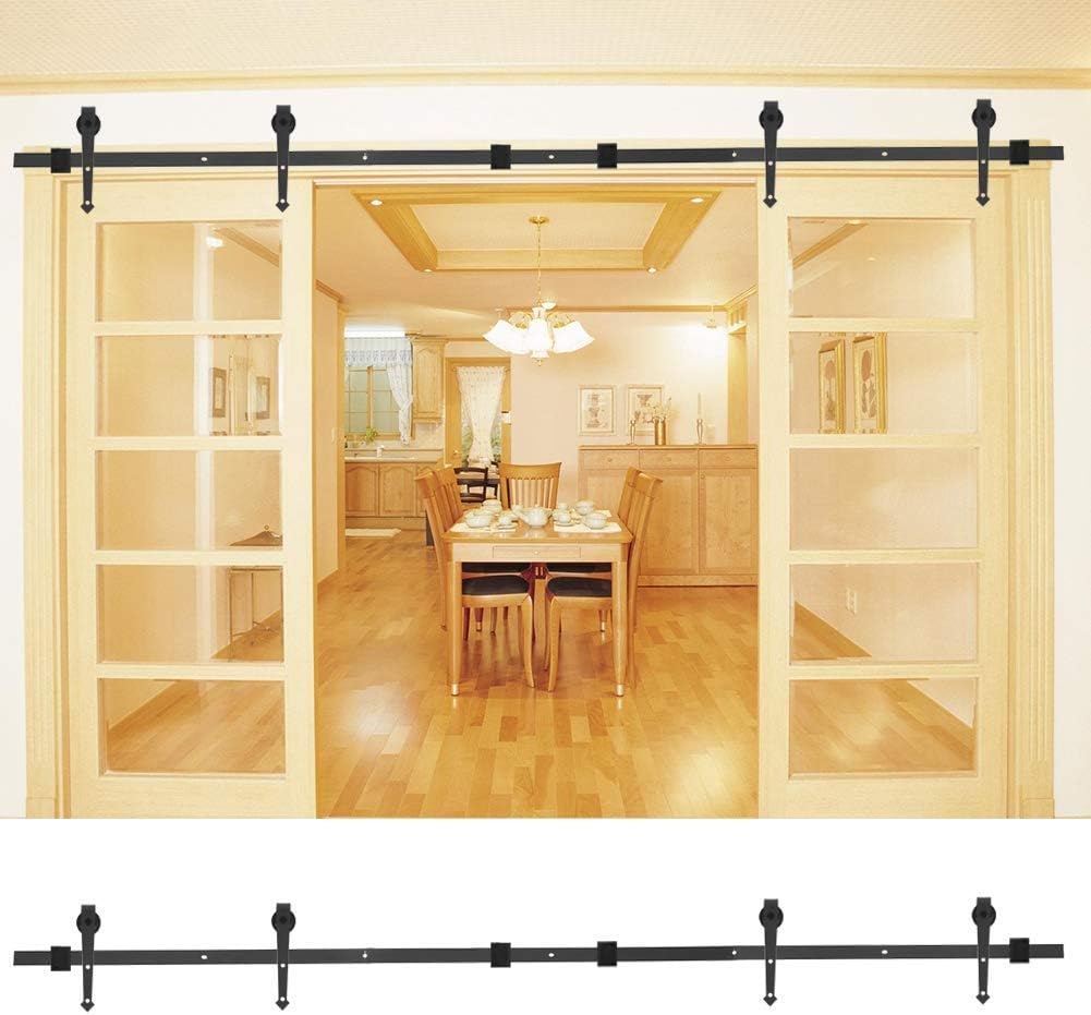 10FT Sliding Door Track Kit, Double Sliding Barn Wood Door Closet Hardware Track Kit Carbon Steel Flat Track System Closet Rail Sliding Kit Arrow Shape Hanger Load Capacity 150kg