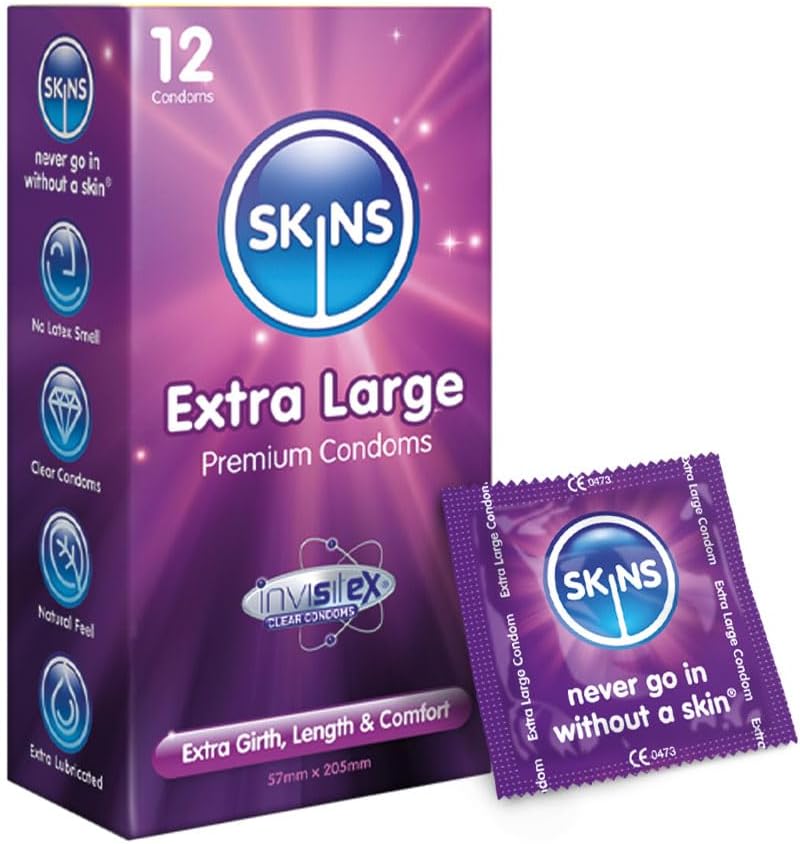 Skins Extra Large XL Condoms – Natural Latex Extra Large Condom; pre lubed for Comfort – 12 Pack