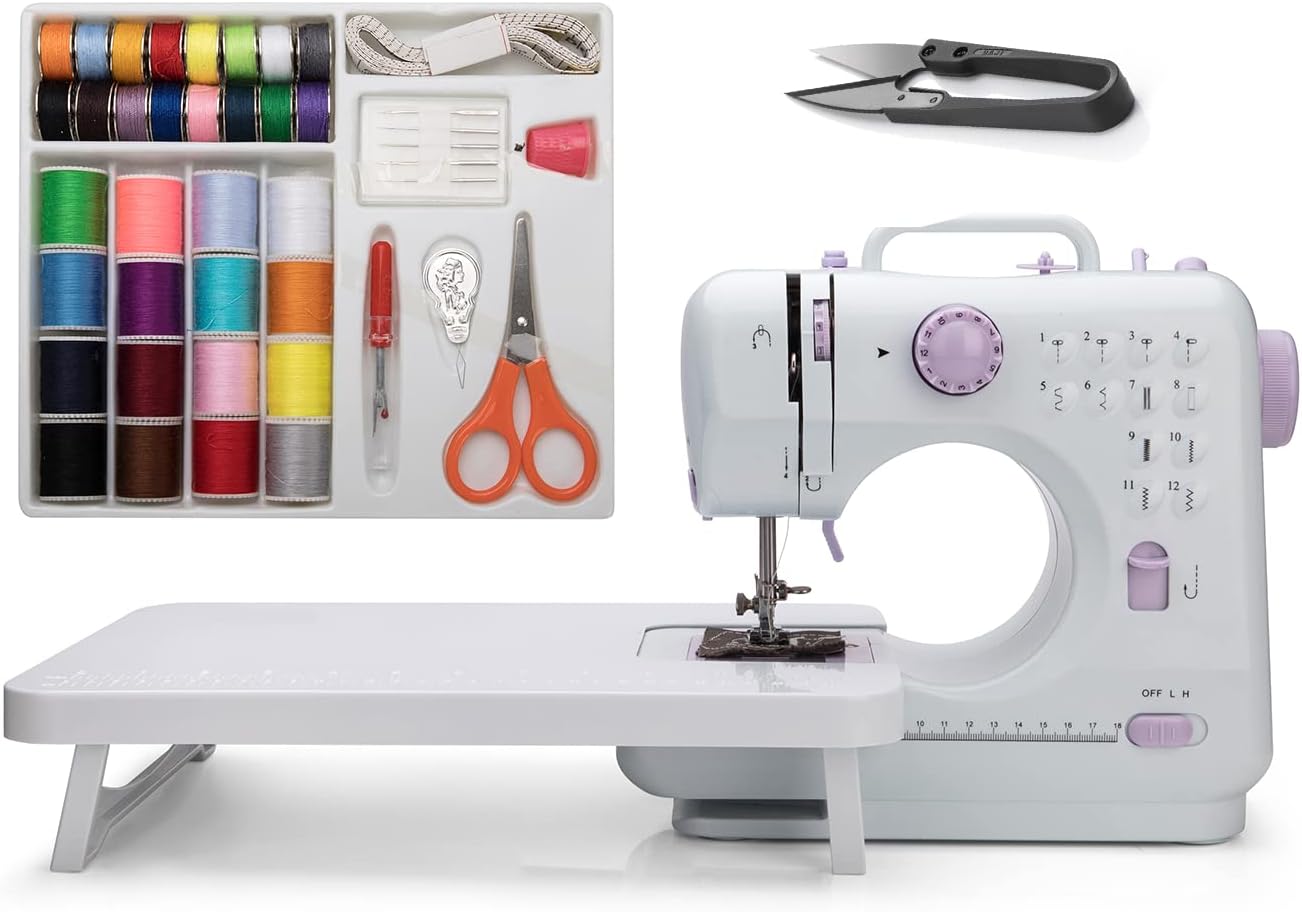 Elmish Sewing Machine (UK Plug, 12 Stitches, 2 Speeds, LED Sewing Light) - Small Electric Overlock Sewing Machines with 2 Speed 12 Built-in Stitch Patterns EM-007-A11