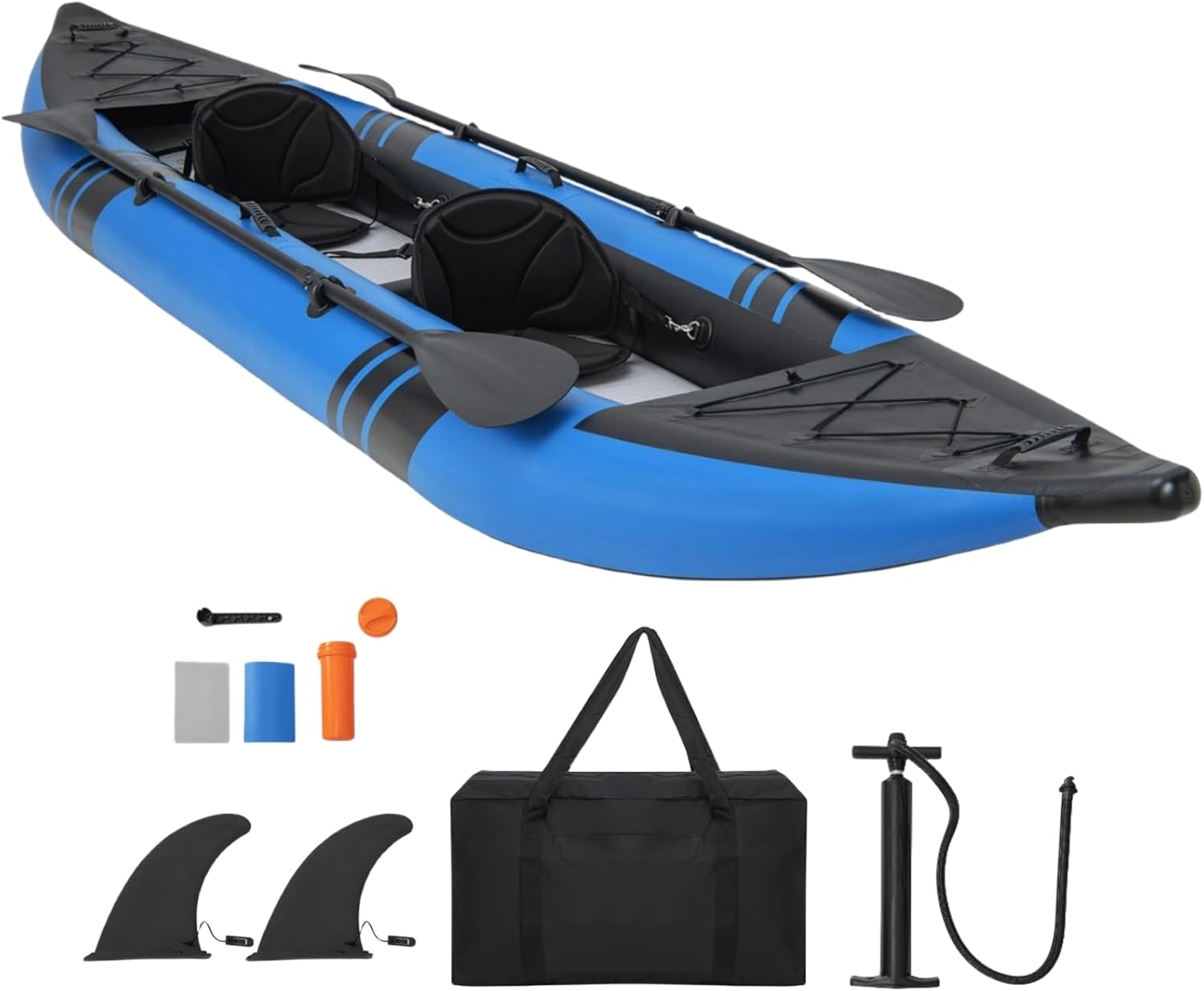 GYMAX Inflatable Kayak Set, 2-Person Inflatable Boat with Aluminum Oars, EVA Padded Seat, Fins, Hand Pump, Repair Kit and Carry Bag, Blow Up Canoe for Lakes, Rivers & Sea Shores (Navy)