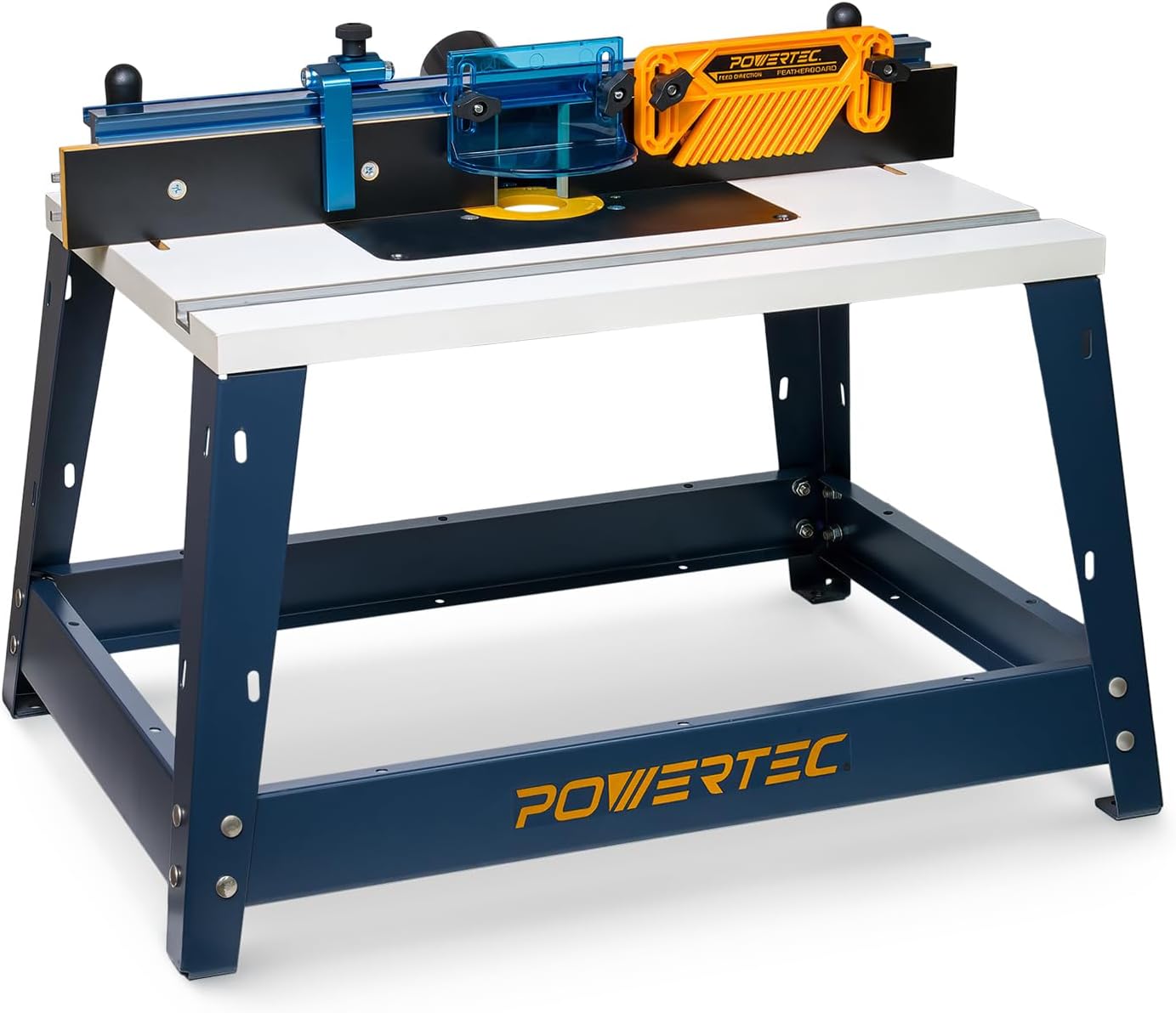 POWERTEC Benchtop Router Table with Steel Stand and Adjustable Fence – 24" x 16" MDF Laminated Top, Insert Plate, 2-1/2" Dust Port, Fence Stop, Featherboard & Additional Accessories (71402V)