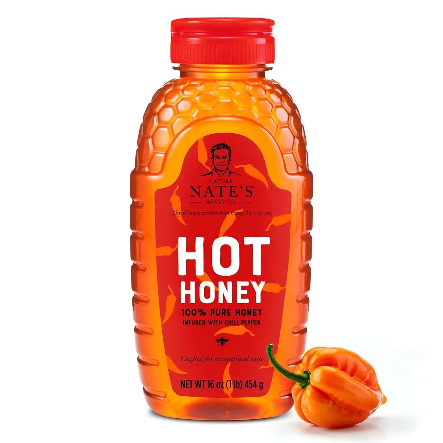 Nate's Hot Honey - 100% Pure Honey Infused with Habanero Chili Pepper Flakes, Award-winning Taste - 16 oz Squeeze Bottle