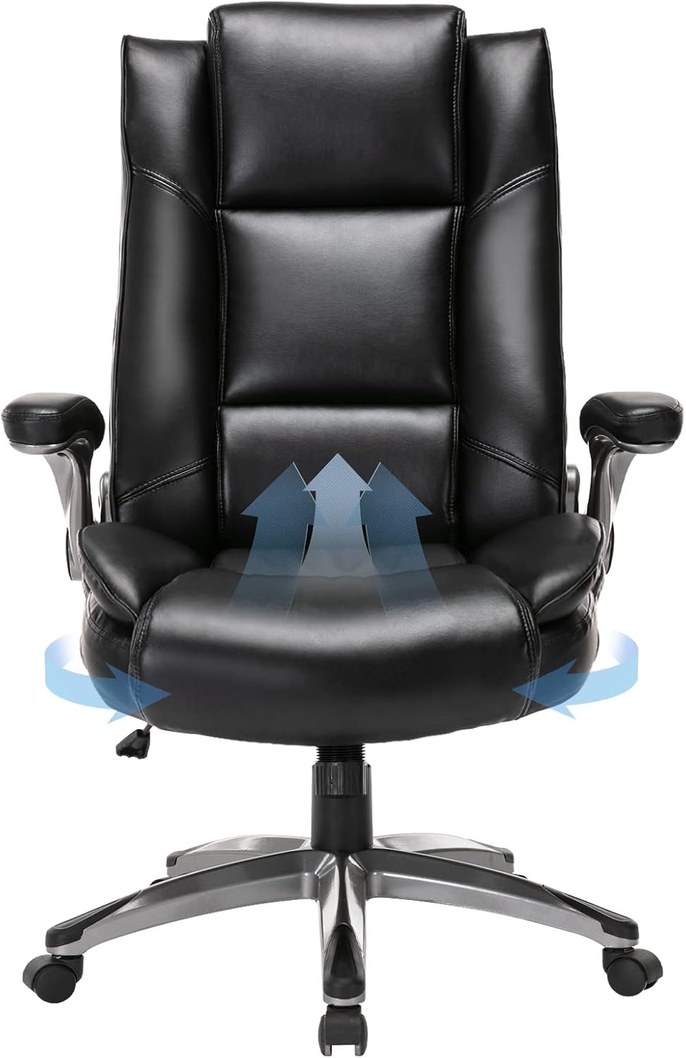 High Back Executive Office Chair-Ergonomic Bonded Leather Computer Chair with Flip-up Arms, Adjustable Tilt Tension, Padded Armrests, Swivel Rolling Home Desk Chair-Black,300lbs