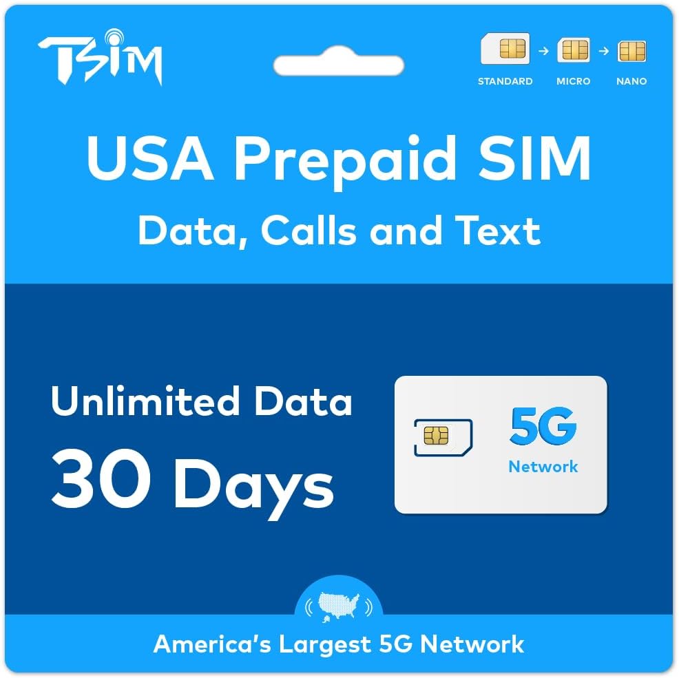 TSIM Prepaid USA SIM Card for Travel | Unlimited High Data, Unlimited Local Calls and Text for 30days | Get Local USA Number and Hotspot Sharing Allowed.