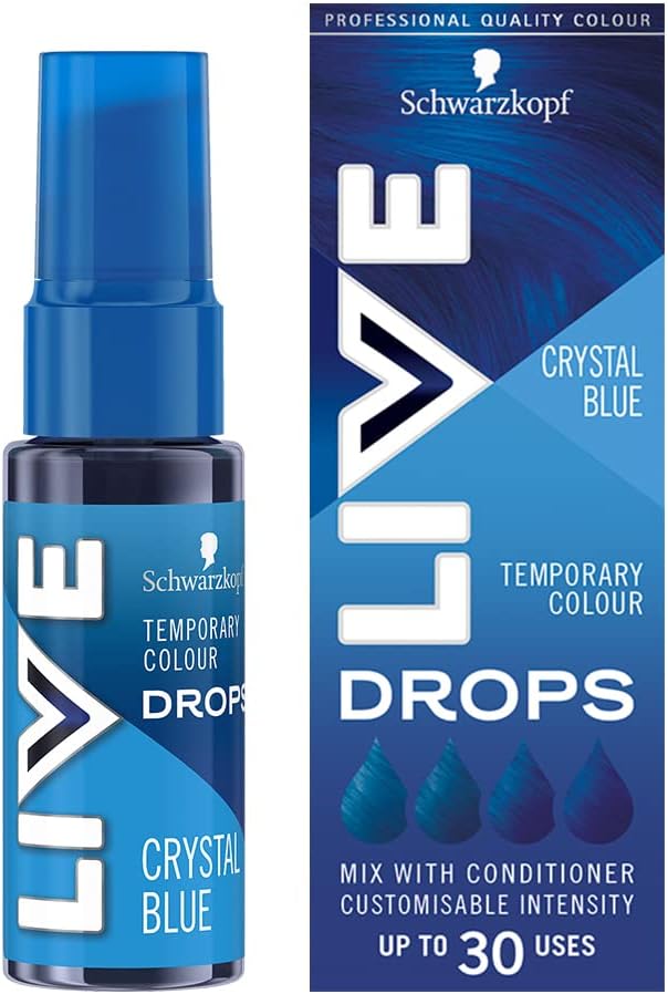 Schwarzkopf LIVE Colour Drops Crystal Blue Semi-Permanent Hair Dye, 30ml, Colour that Lasts 2-12 Washes, Blue Hair Dye Drops