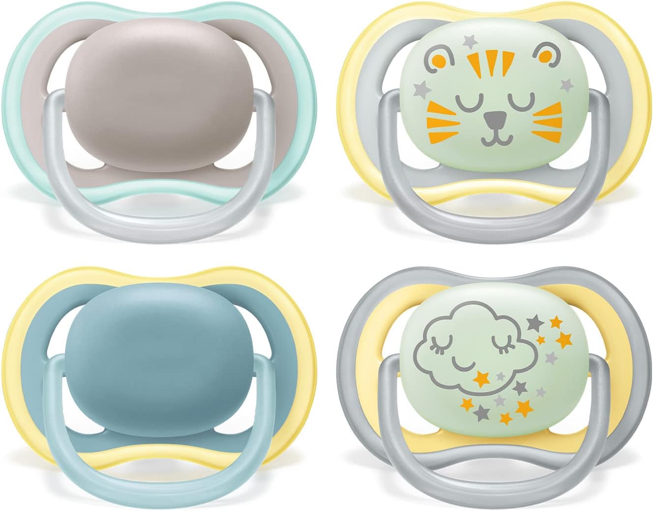 Philips Avent Ultra Air Soother - Pack of 4 Light, Breathable Soothers: 2 Glow in The Dark soothers and 2 Day soothers, 18M+ (Model SCF349/43)