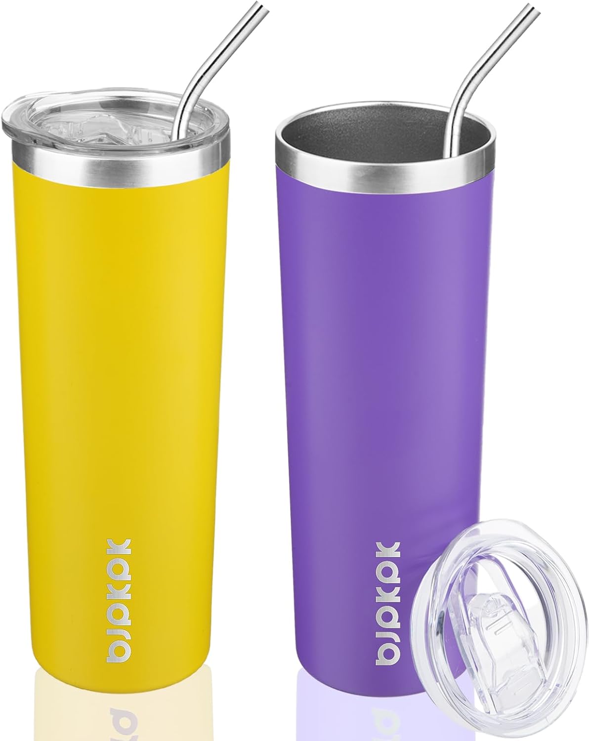 BJPKPK 20 oz Skinny Tumbler with Lid 2 Pack Slim Insulated Travel Coffee Cup Stainless Steel Thermal Mug,Purple,Goldenrod