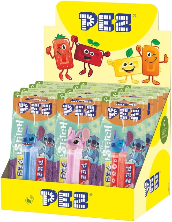 PEZ Lilo & Stitch Character Sweet Dispensers, Strawberry & Lemon Flavoured, Multipack of 12 (2 x Refill Pack Per Dispenser)