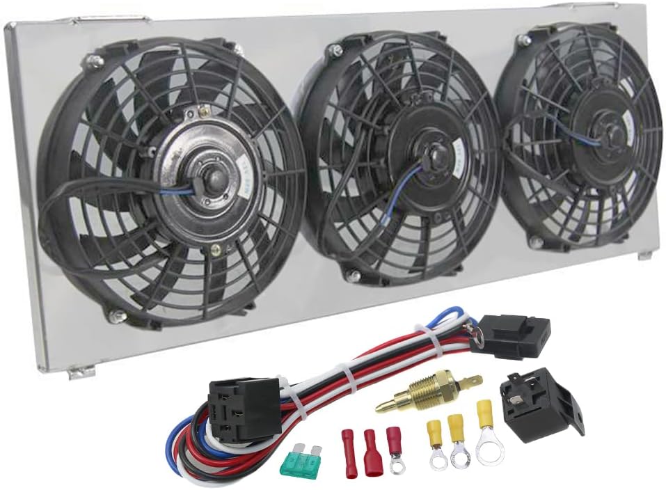 Aluminum Radiator Shroud Compatible with 1984-2001 Jeep Cherokee XJ Radiator, Aluminum Shroud + 9 Inch Fan (3 Pcs) + Relay Kit