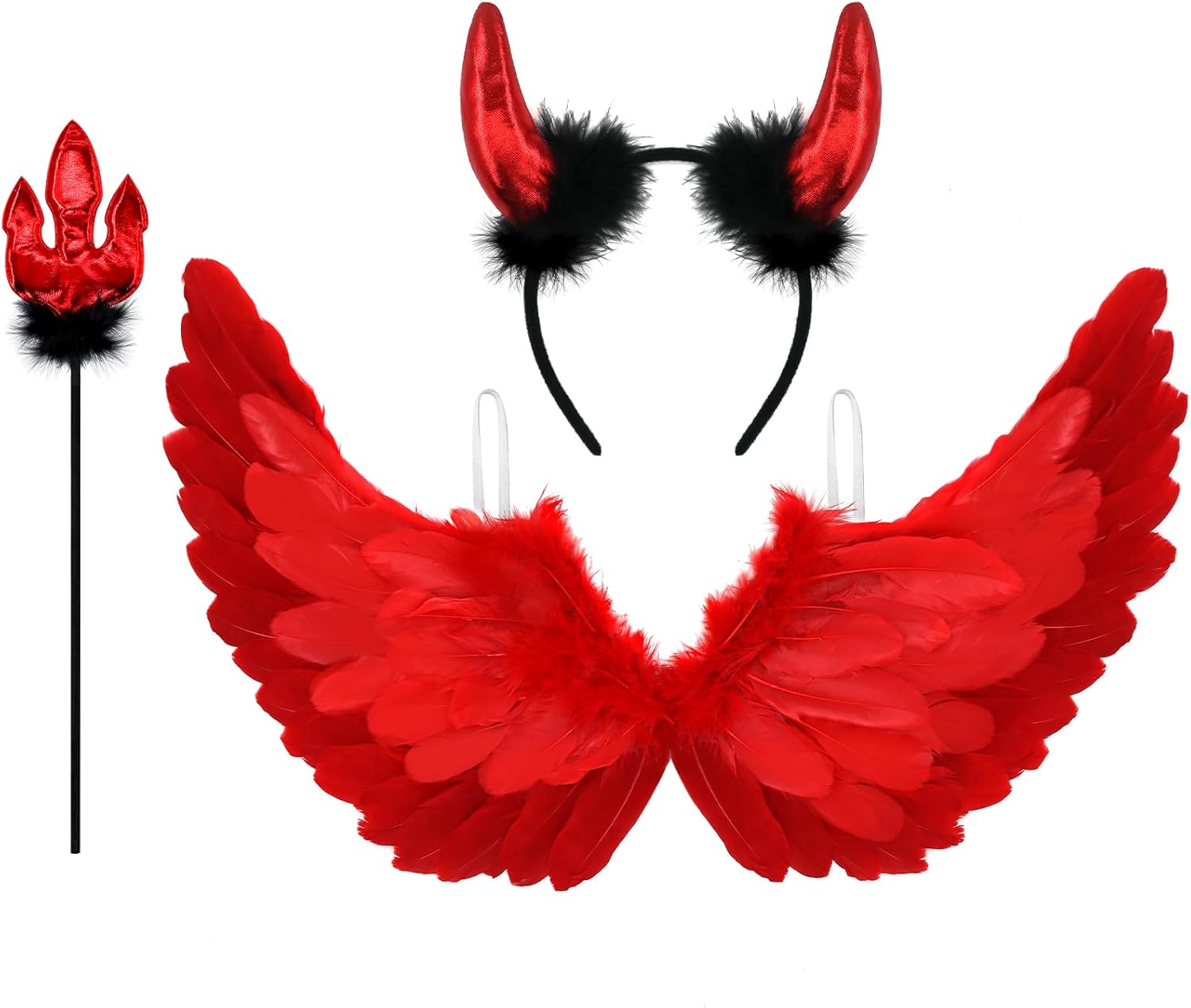 Newthinking Red Angel Wings and Halo, Halloween Women Red Devil Costume, Dark Angel Halloween Costume Party, Adult & Kids One Size Fits All Accessories Set