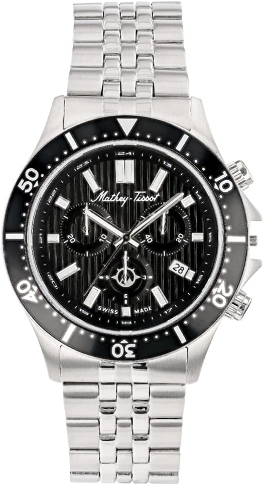 Mathey-Tissot Men's Expedition Chronograph Swiss Quartz Watch – 42mm Stainless Steel Case with Rotating Bezel, Black Textured Dial with Subdials and Date, Stainless Steel Bracelet