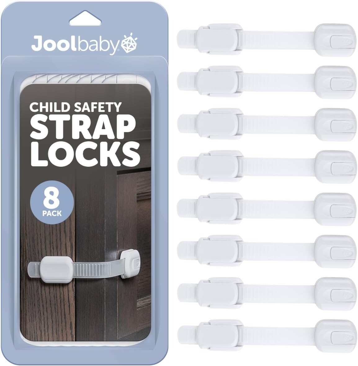 Jool Baby Products Child Safety Strap Locks for Cupboards, Fridge, Cabinets, Drawers, Dishwasher, Toilet, 3M Adhesive No Drilling (Pack of 8)