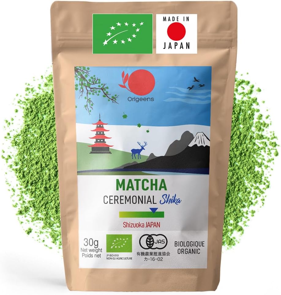 ORIGEENS ORGANIC CEREMONIAL GRADE MATCHA "SHIKA" - Japanese Matcha from Shizuoka - Latte/Usucha - Matcha Green Tea Powder Ceremonial Grade 30g Refill Bag
