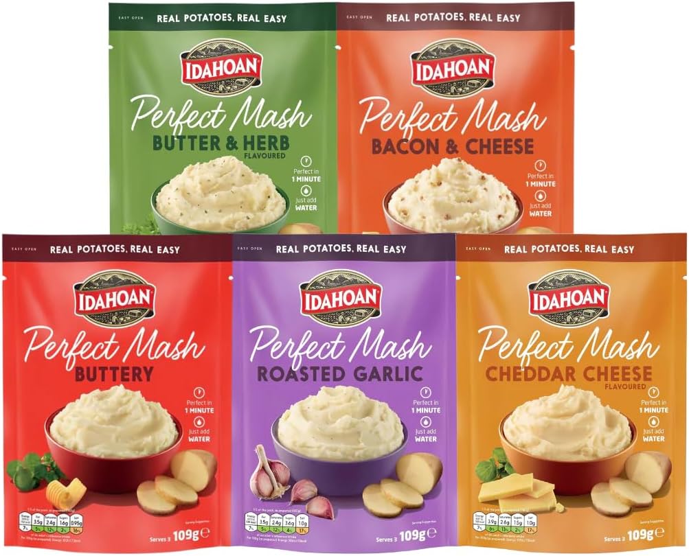Idahoan Perfect Mash Potato Variety Pack of 5 x 109g - Instant Mashed Potato Butter & Herb, Buttery, Bacon & Cheese, Roasted Garlic, Cheddar Cheese Mashed Potaoes Cooks in 1 Minute Ready To Eat
