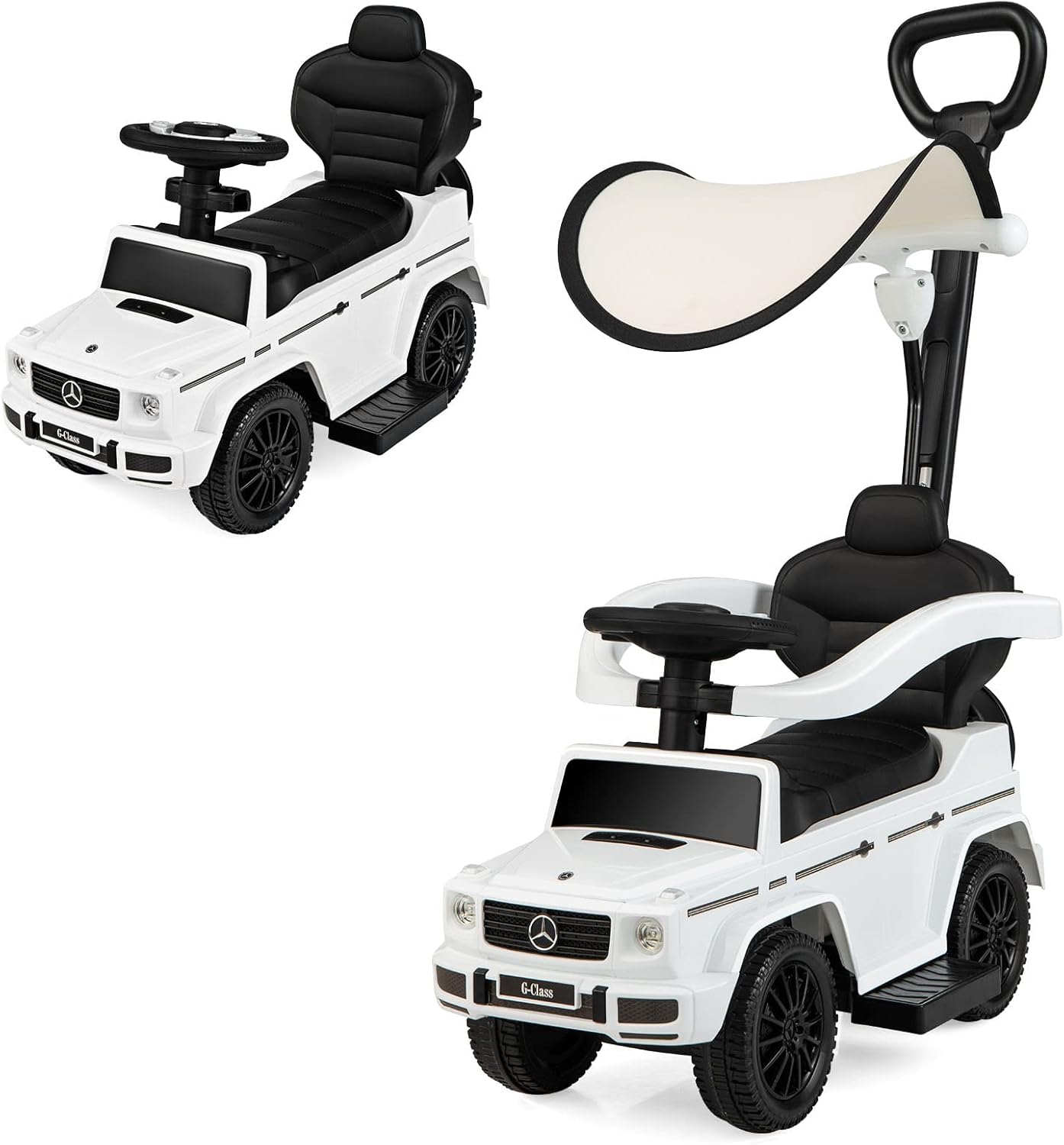 COSTWAY 3 in 1 Ride on Push Car, Licensed Mercedes Benz Foot to Floor Slider with Removable Push Handle & Guardrail, Adjustable Canopy, Horn Sound and Under Seat Storage (White)